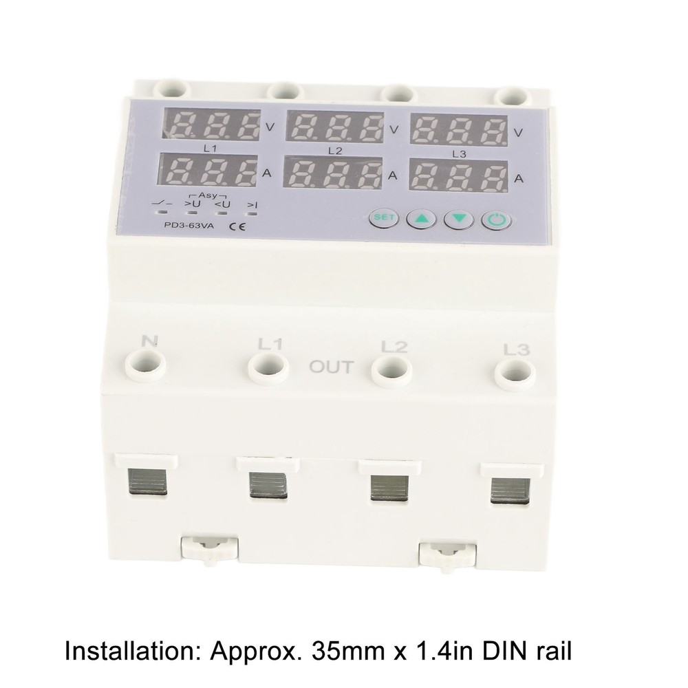 63A 3Phase DIN Rail Voltmeter Ammeter Auto-Overvoltage Overcurrent Protector AC