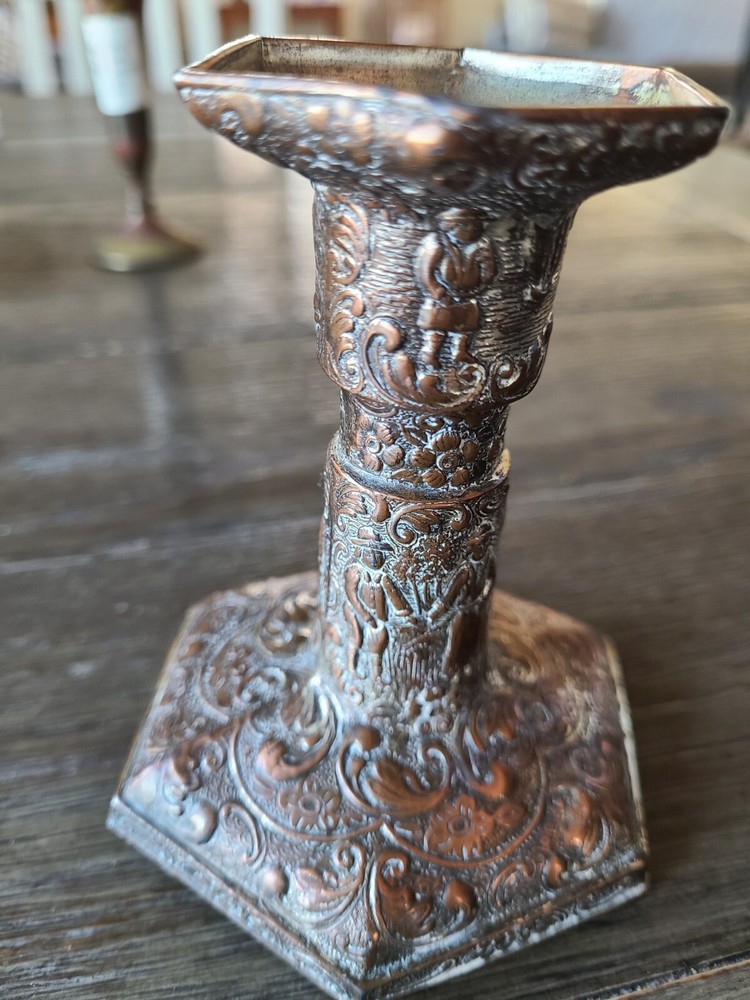 Antique Dutch Colonial Repousse Candlestick PaiR - Silver plated