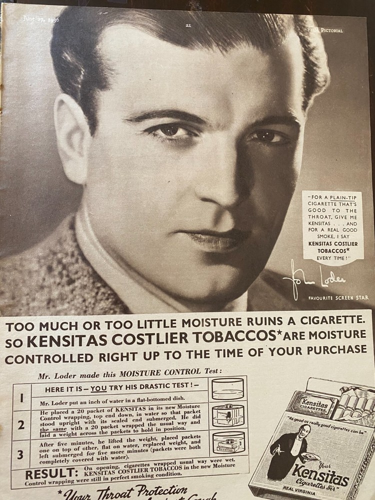 John Loder, Kensitas Cigarettes, Full Page Vintage Large Format Print Ad