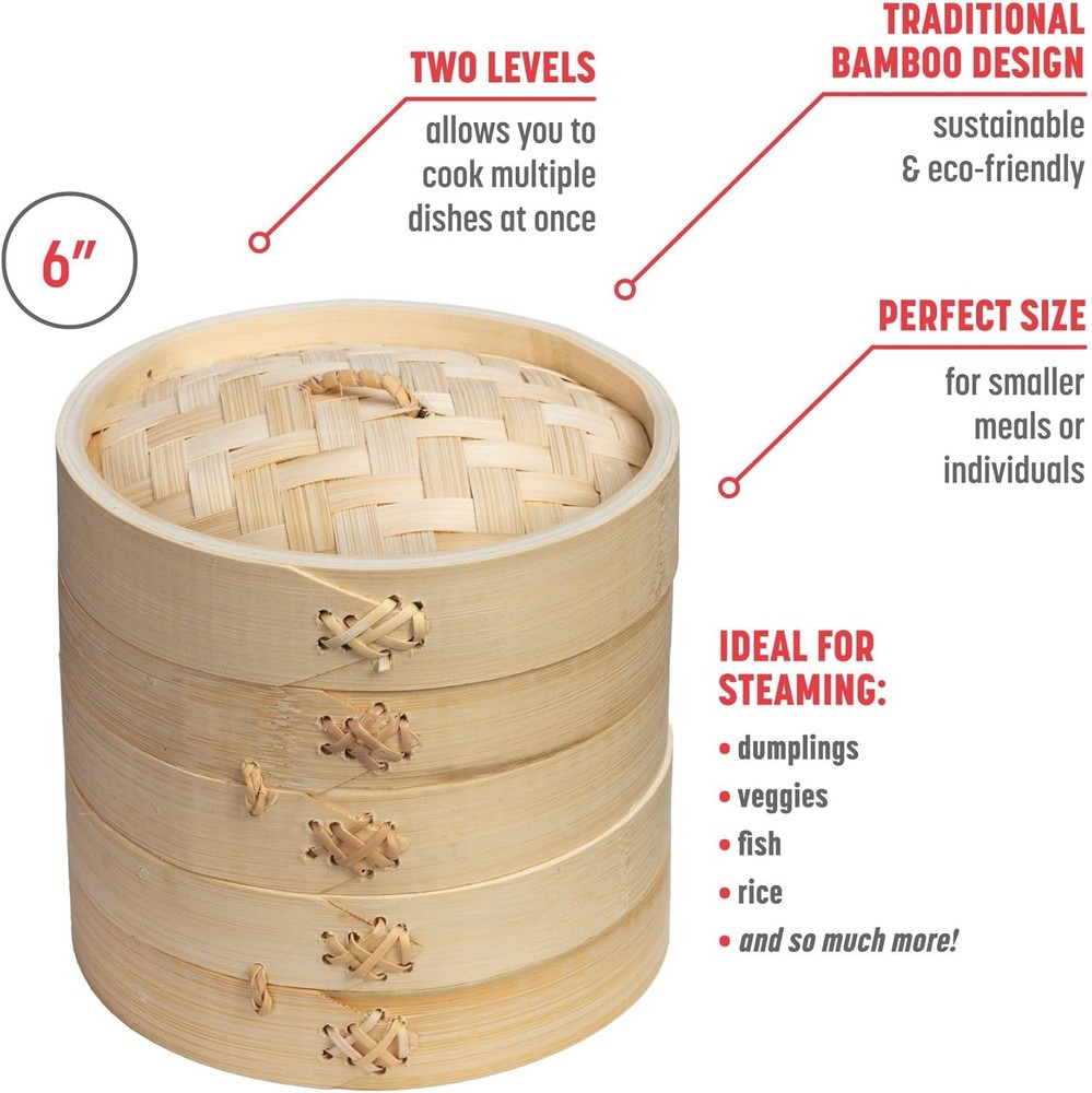 2-Tier Bamboo Steamer Baskets, 6-Inch
