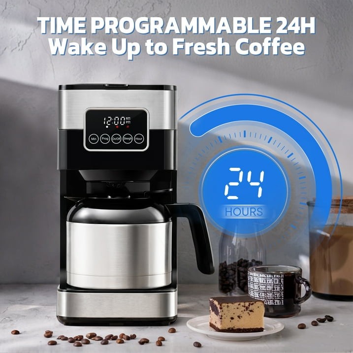 8-Cup Coffee Maker Black Programmable with Thermal Carafe, Touch Screen Timer