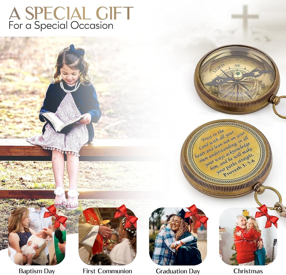 Brass Compass Gift with Display Box - Engraved Scripture Prayer Compass Relig...