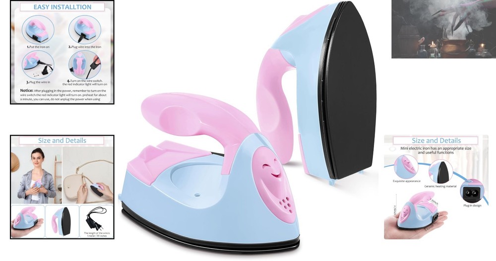 Compact Mini Heat Press Iron - Tiny Flatiron for Craft Projects in Pink/Blue