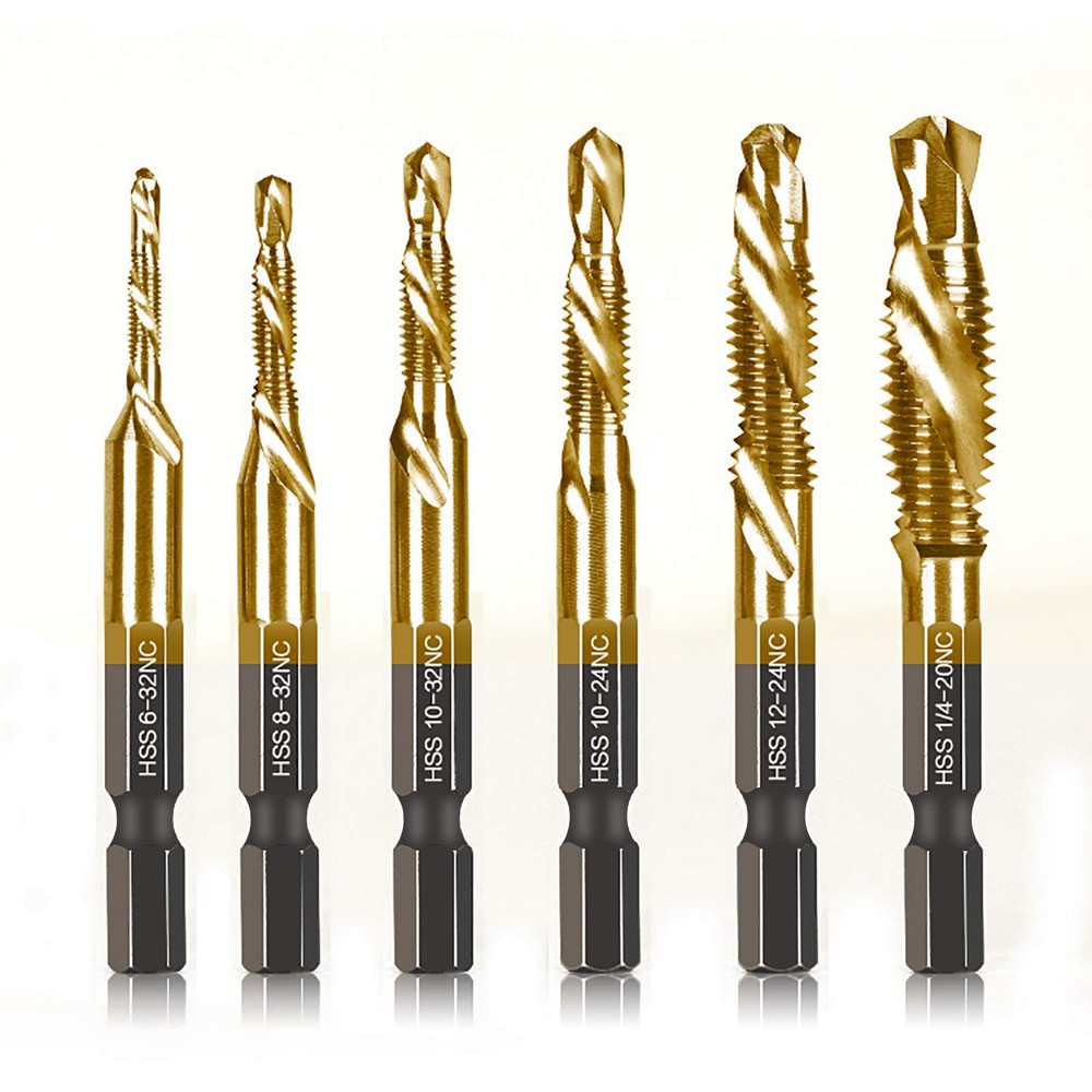 6 Packs Titanium Combination Drill & Taps Bit Set 6 Pcs Tap Set, Gold