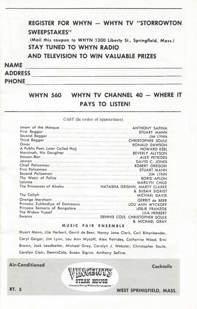 Howard Keel "KISMET" Dennis Cole / Wright & Forrest '62 West Springfield Program