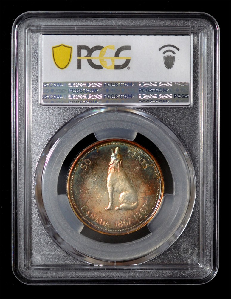 PCGS MS63 1967 Canada Silver Wolf 50 Cents, Trueview- Rainbow Toned!