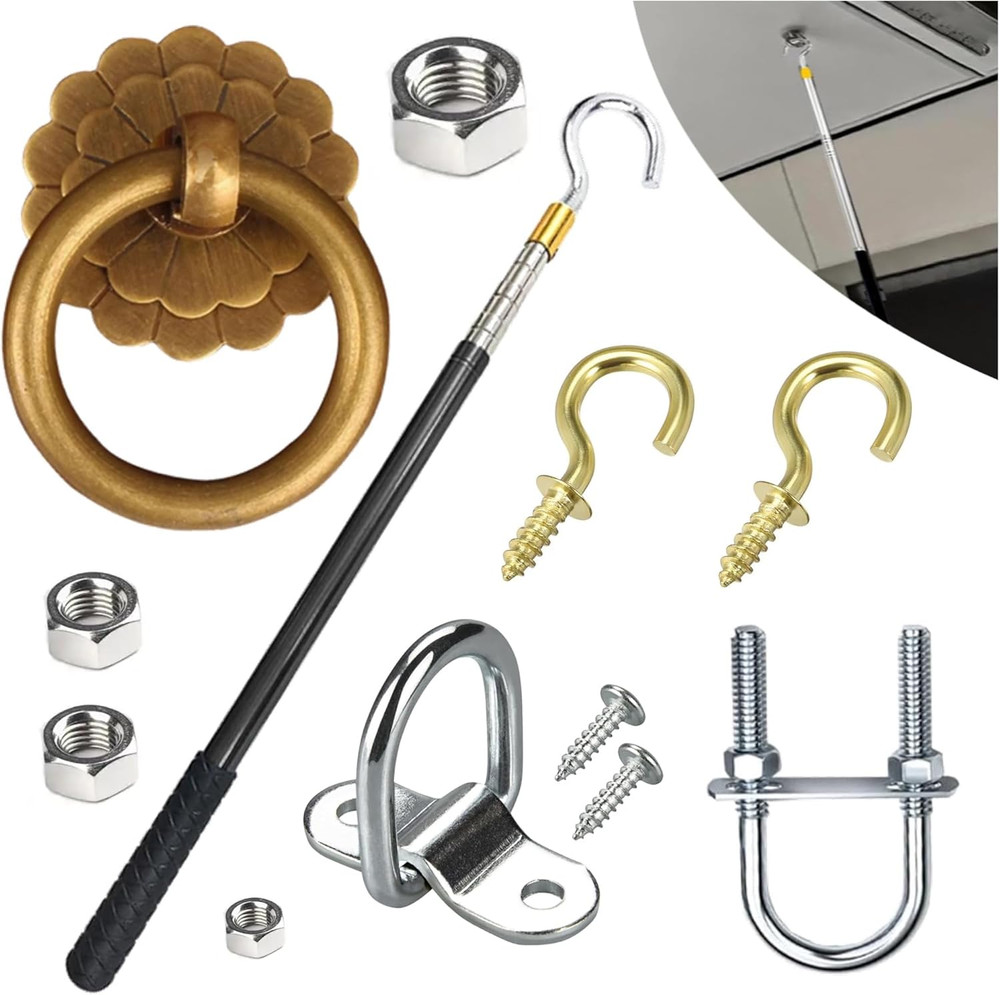 Attic Pull Down Hook Kit with 60" Steel Pole and Antique Brass Handle