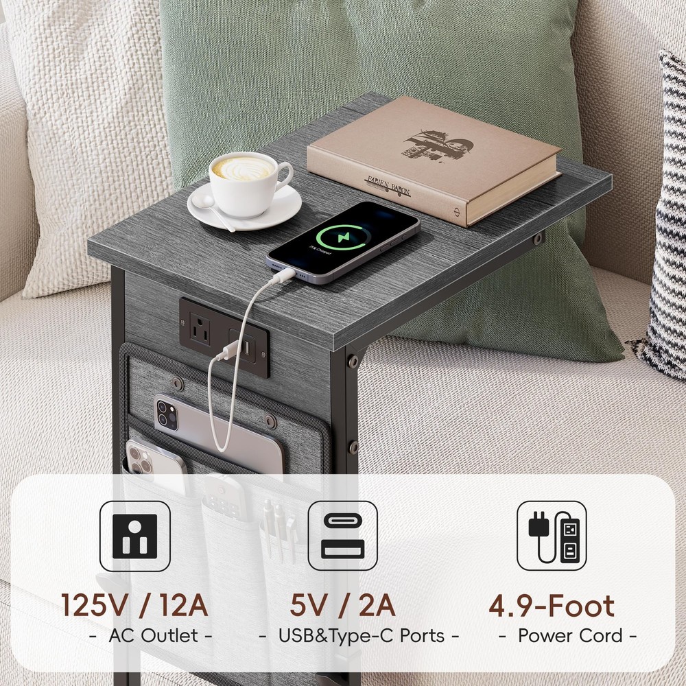 Vagusicc C Shaped End Table with Charging Station, C Table End Table Adjustable