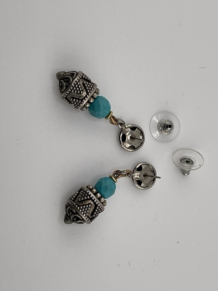 Marsha Archer 1 3/4” Dangle Turquoise & Silver Earrings Pierced Ears/Stud Back