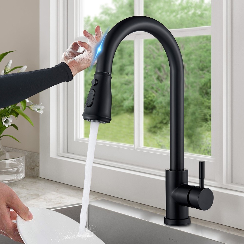 Touch Sensor Kitchen Sink Faucet Pull Down Sprayer Matte Black Single Hand Taps