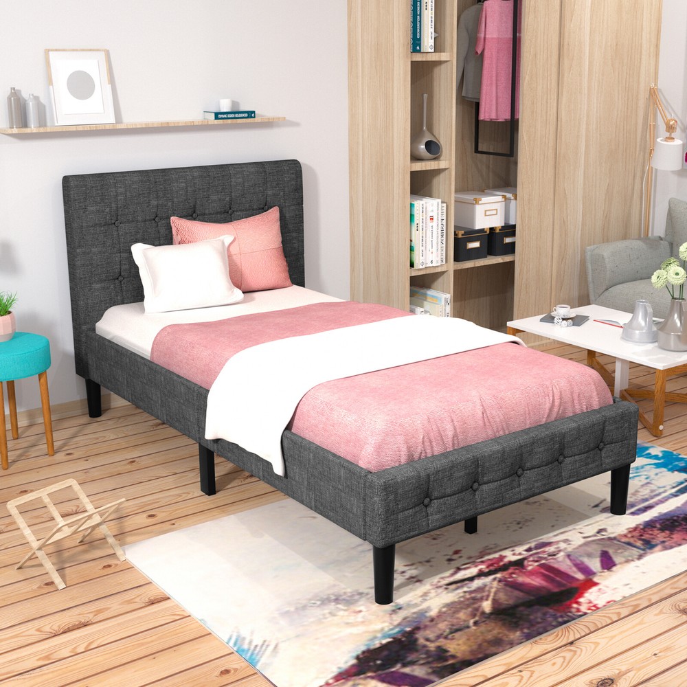 Costway Twin Upholstered Bed Frame Button Tufted Headboard Mattress Foundation