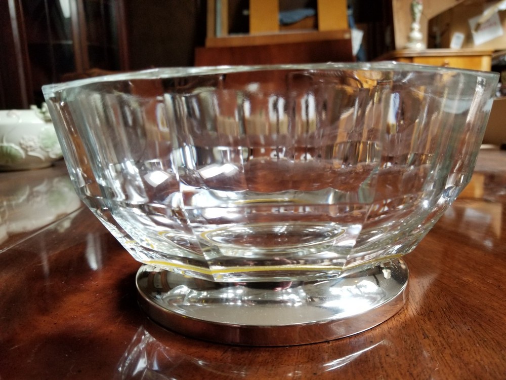 Antique Italian Bowl 19th cent. Decagonal Shape Crystal Glass w/ a Silver Base