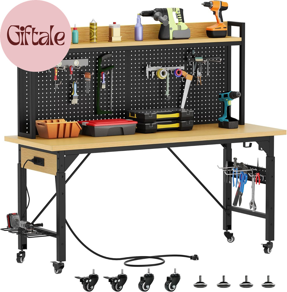 Adjustable Workbench with Pegboard 48", Heavy Duty Wood Top Work Bench with Whee