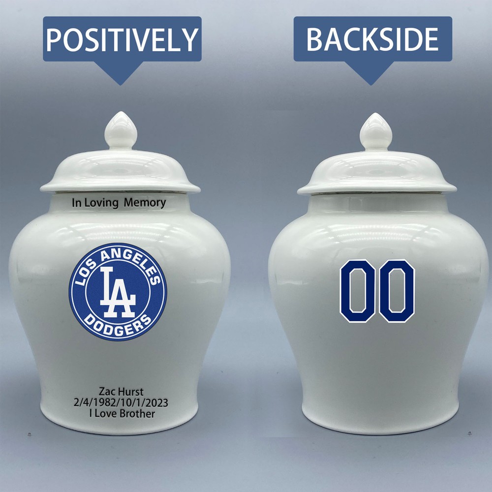 Ceramic Medium Urn for Los Angeles Dodgers Baseball Theme, Custom Text & Number