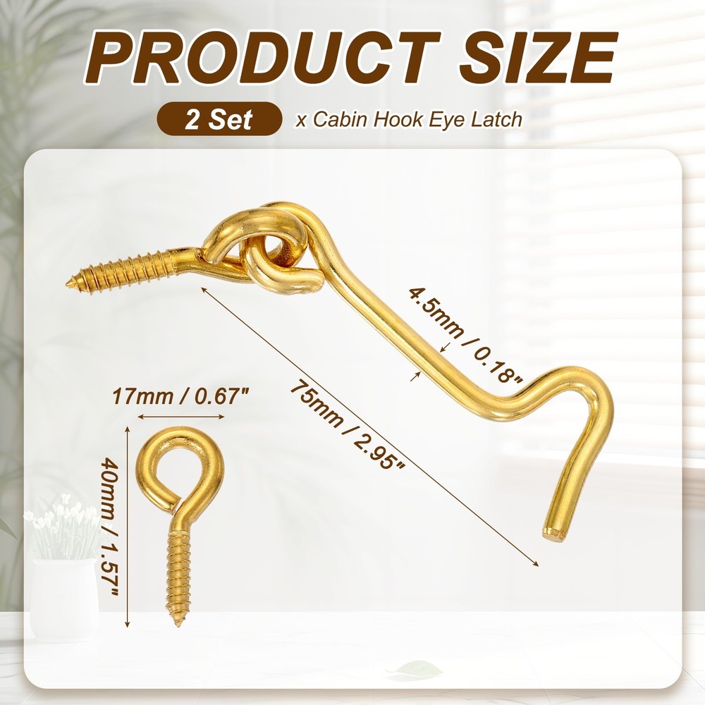 2Pcs Cabin Hook Eye Latch, 3" Solid Brass Eye Latch Hook with Screws, Brass