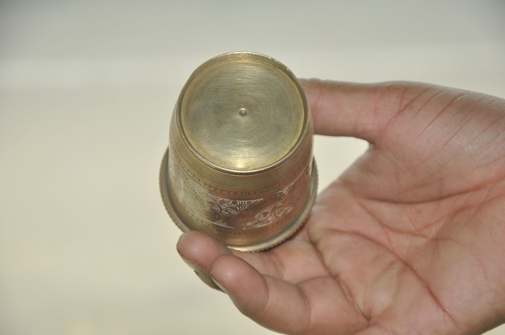 Vintage Unique Shape Brass Handcrafted Lacquer Work Powder Bottle