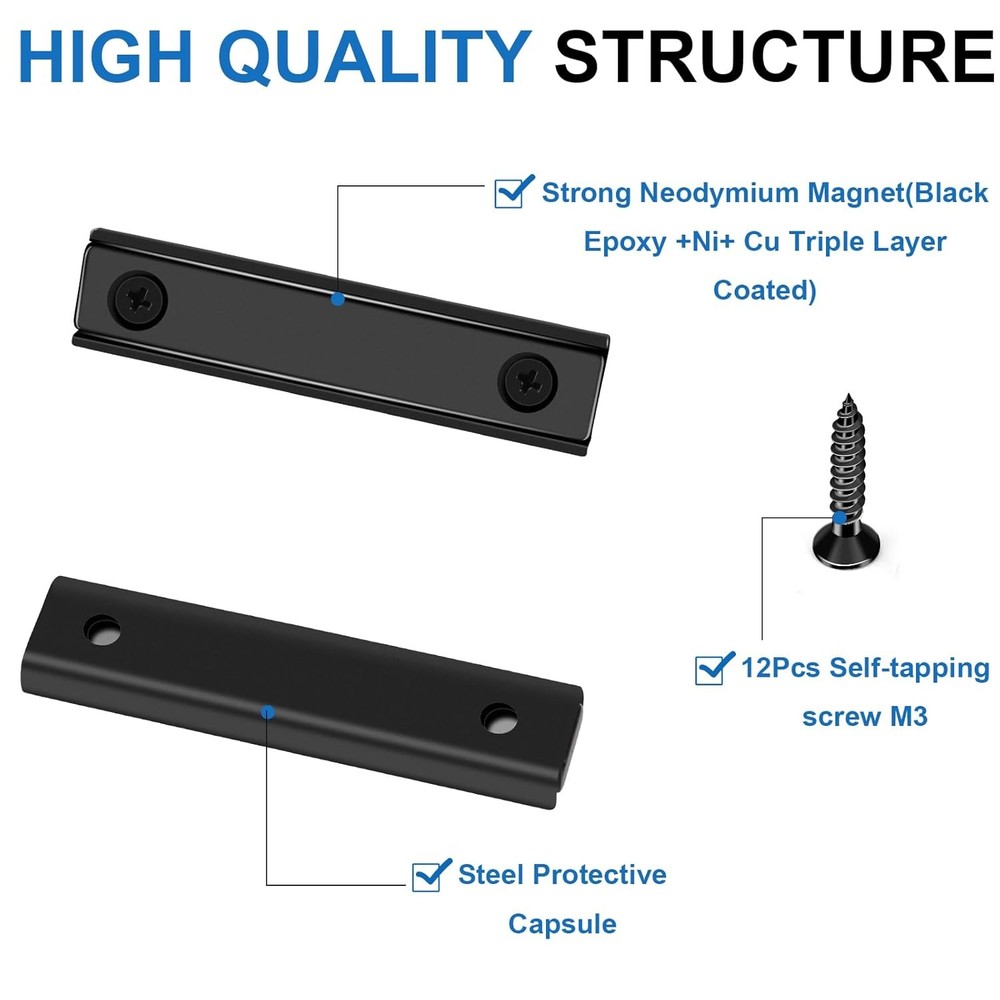 Neodymium Rectangular Black Pot Magnets, 60x13.5x5mm, 80lbs Pull Force, 6 PCK
