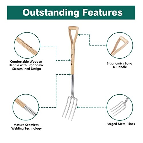 Gardening Digging Fork, 4-Tine Spading Fork with D 4-Tine Spading Digging Fork