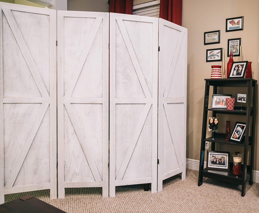 Premium Home 4-Panel Room Divider – Rustic White Barn Door, K Pattern Folding...