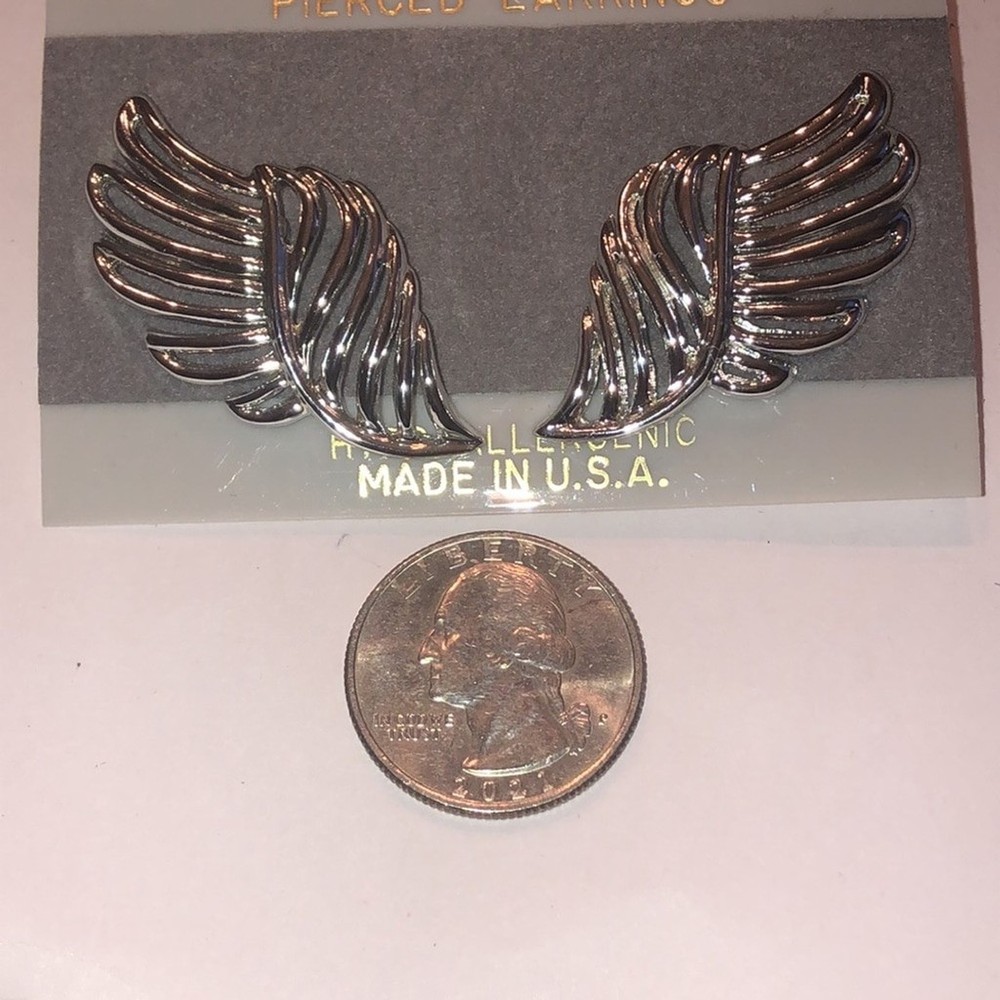 Vintage Silver Tone Retro Boho Wing Pierced Earrings