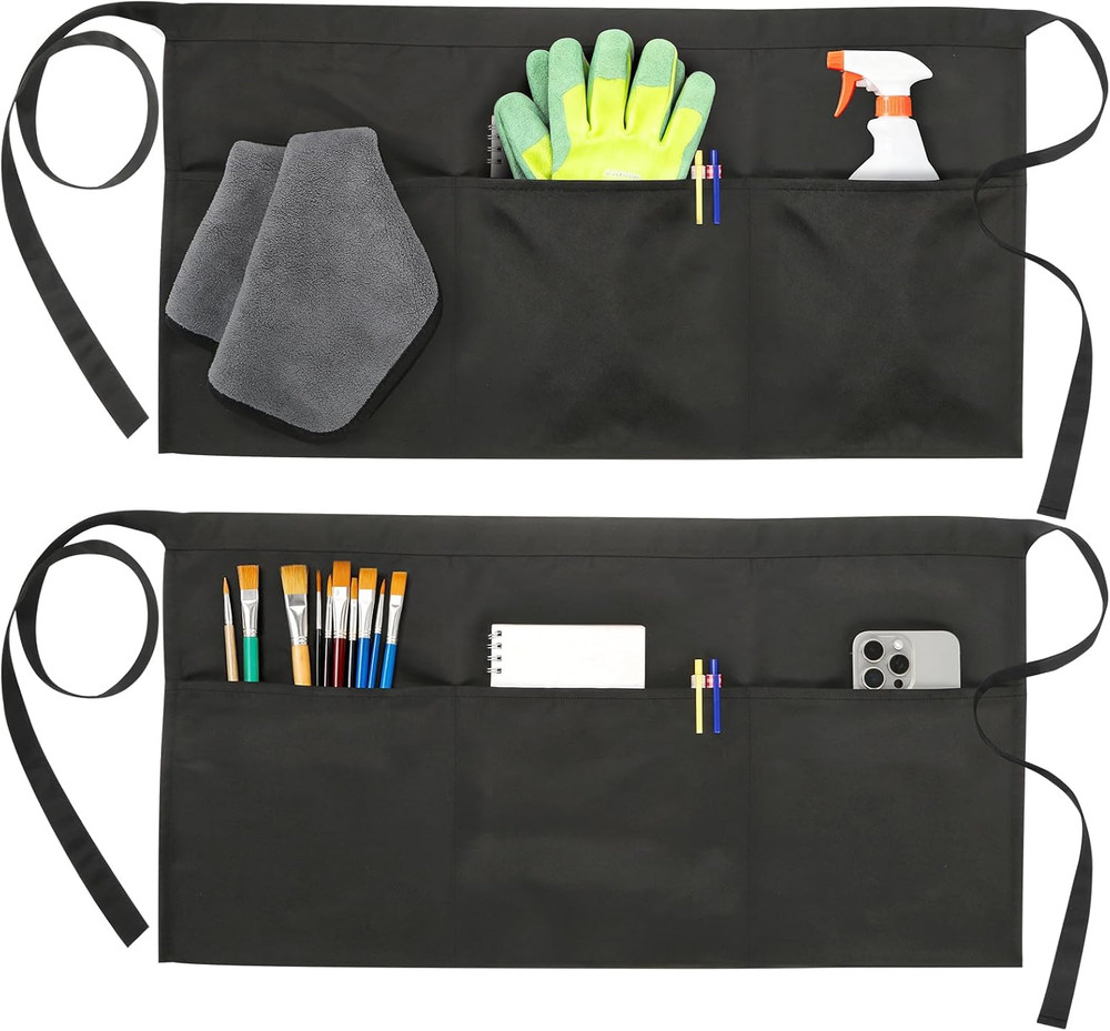 2-Pack Black Server Aprons with 3 Pockets, Adjustable Water-Resistant Waist Half