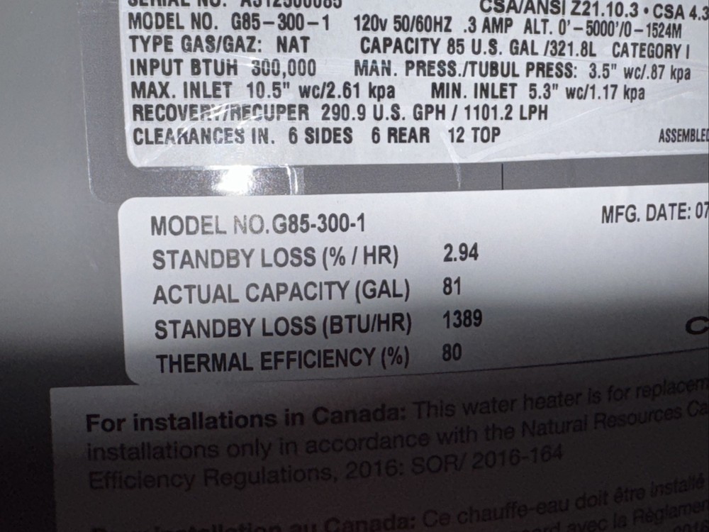Rheem G85-300-1 300k BTU Commercial Gas Water Heater 85 Gallon