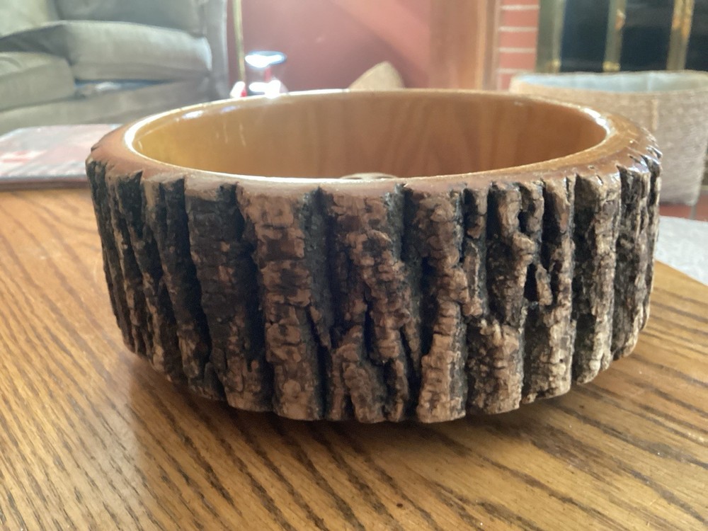 Vintage Nut Cracker Bowl Turned Wood Tree Bark Rustic Mid Century