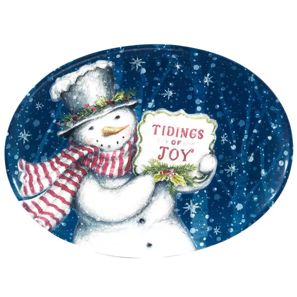 12 In. Multi-Colored Earthenware Snowman Greetings Oval Platter
