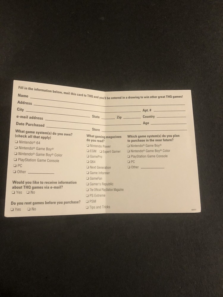 Nintendo gameboy thq registration card insert