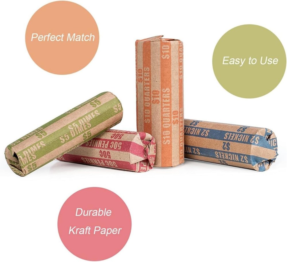 Durable Coin Roll Wraps - 100 Assorted Flat Wrappers for Easy Coin Organization