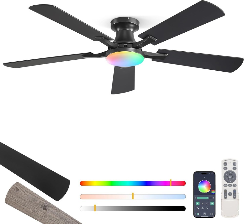 Modern 52" Ceiling Fan - RGB LED Light, Low Profile