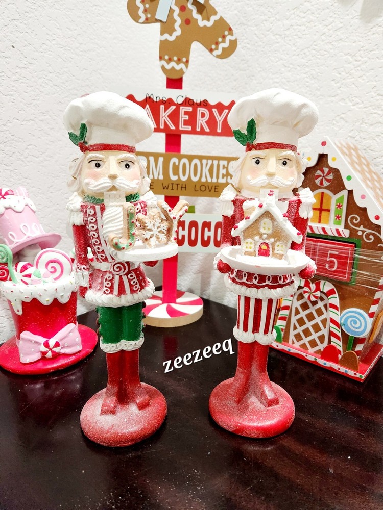 2 Christmas Gignerbread JOY Nutcrackers Red Figurines Statue 10.75"
