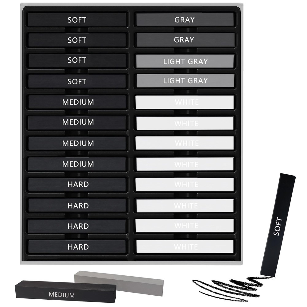 24 Pcs Compressed Charcoal Sticks with Soft, Medium, Hard and White Charcoal,...