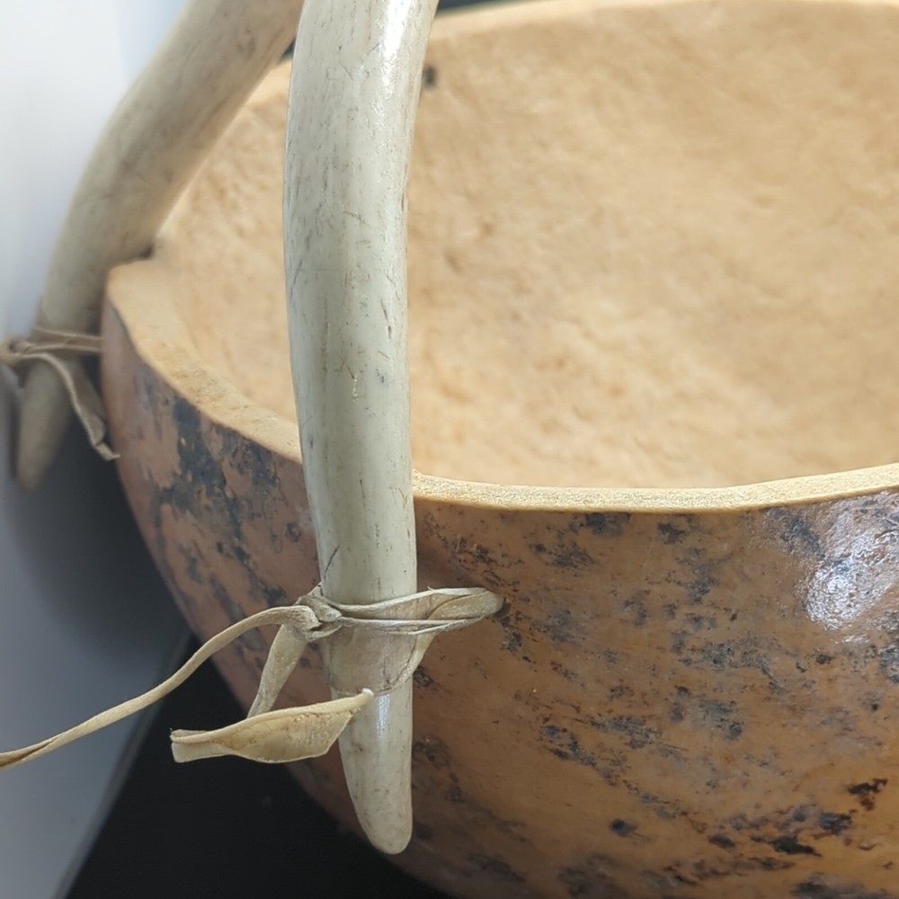 Large Gourd Bowl Cornucopia basket deer antler handle cabin rustic decor