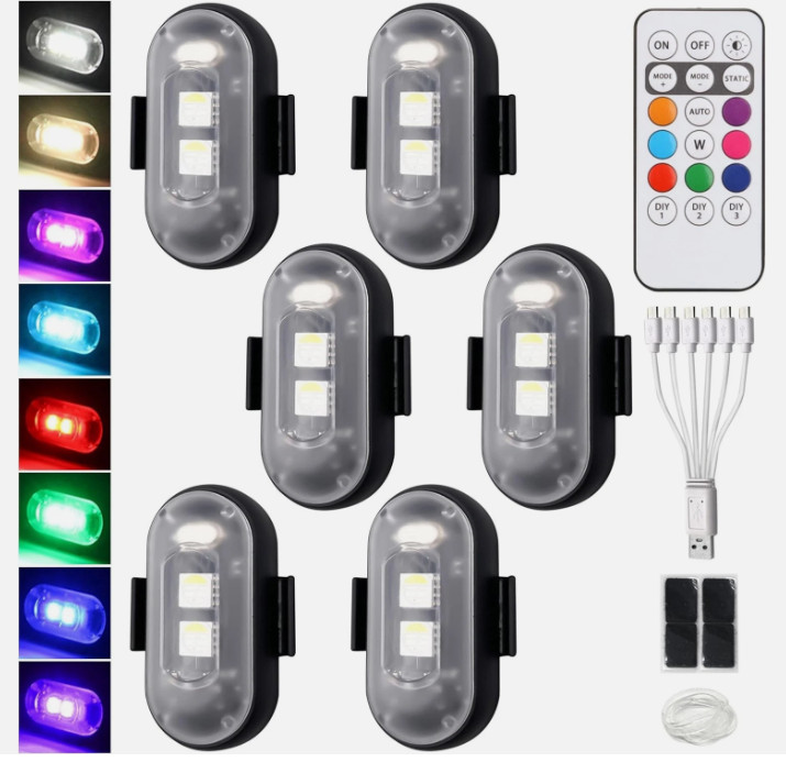Wireless Rechargeable Strobe LED Lights, Waterproof Remote Control, 8 Colors
