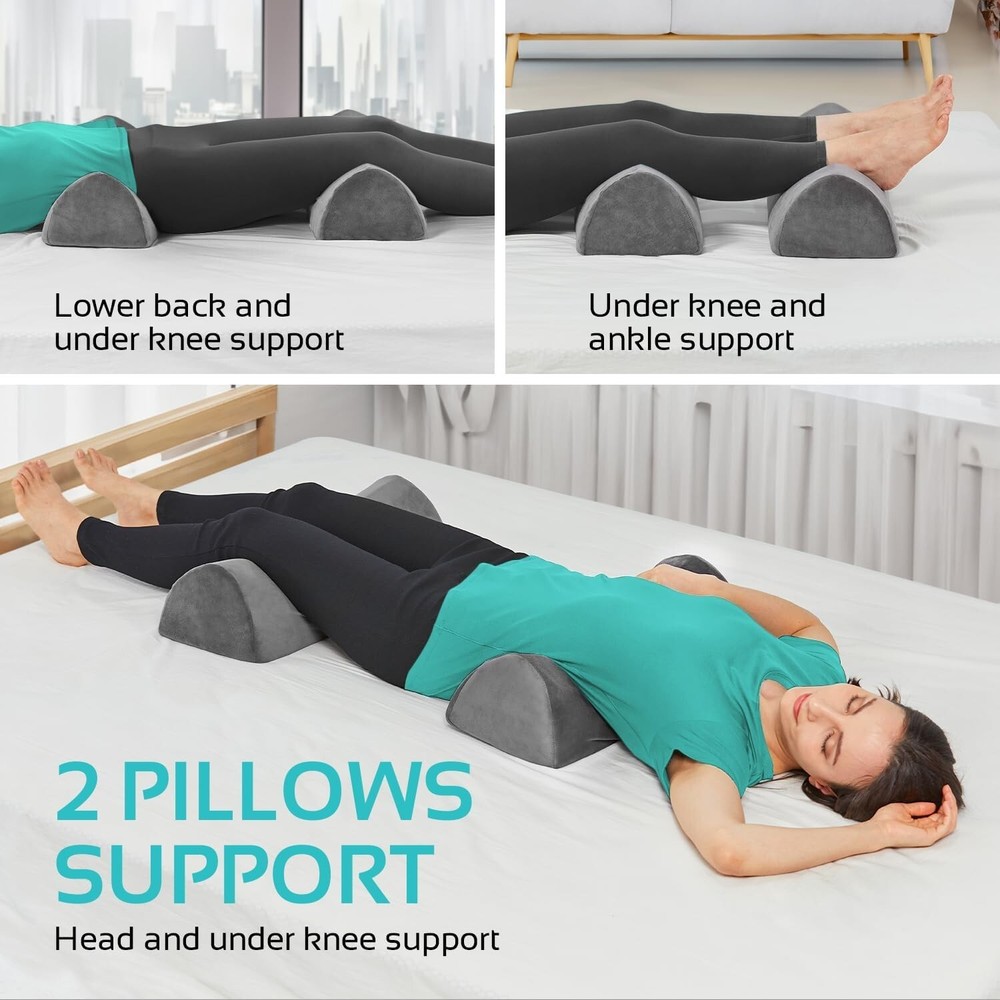 Large Half Moon Bolster Pillow 2 Pack for Legs Back Neck Support Memory Foam