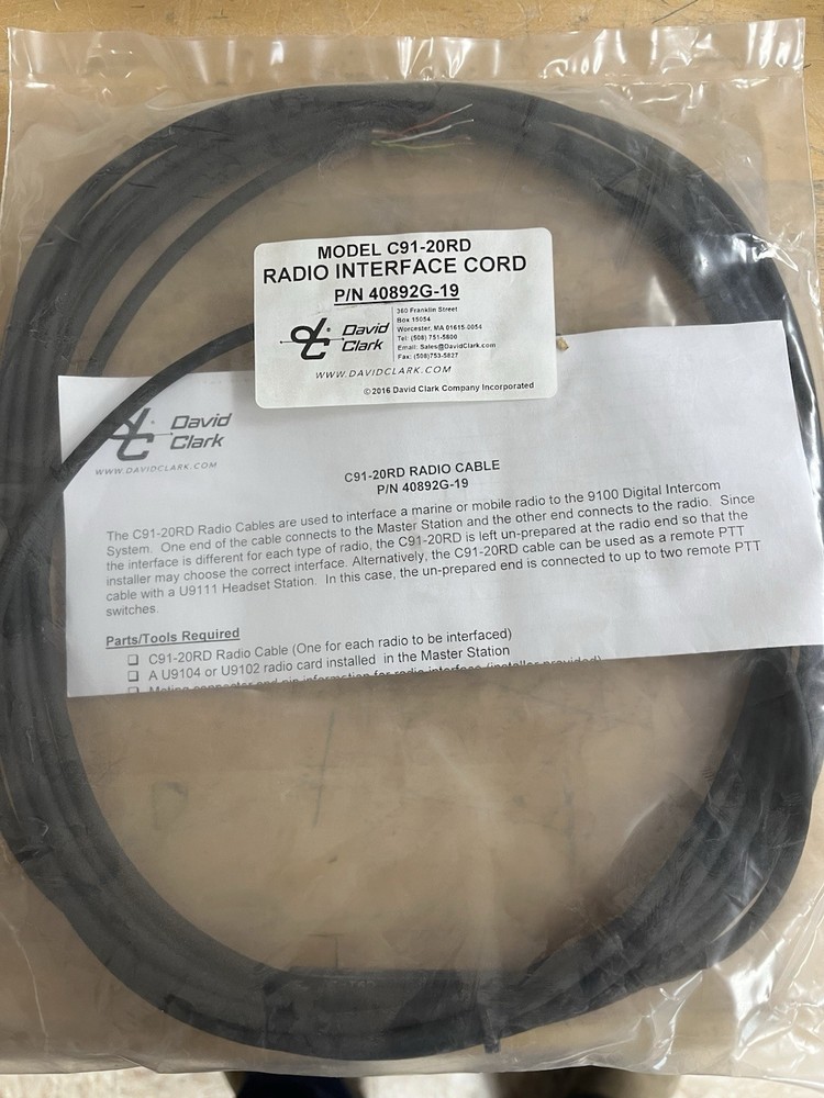David Clark 40892G-19 C91-20RD Radio Interface Cable