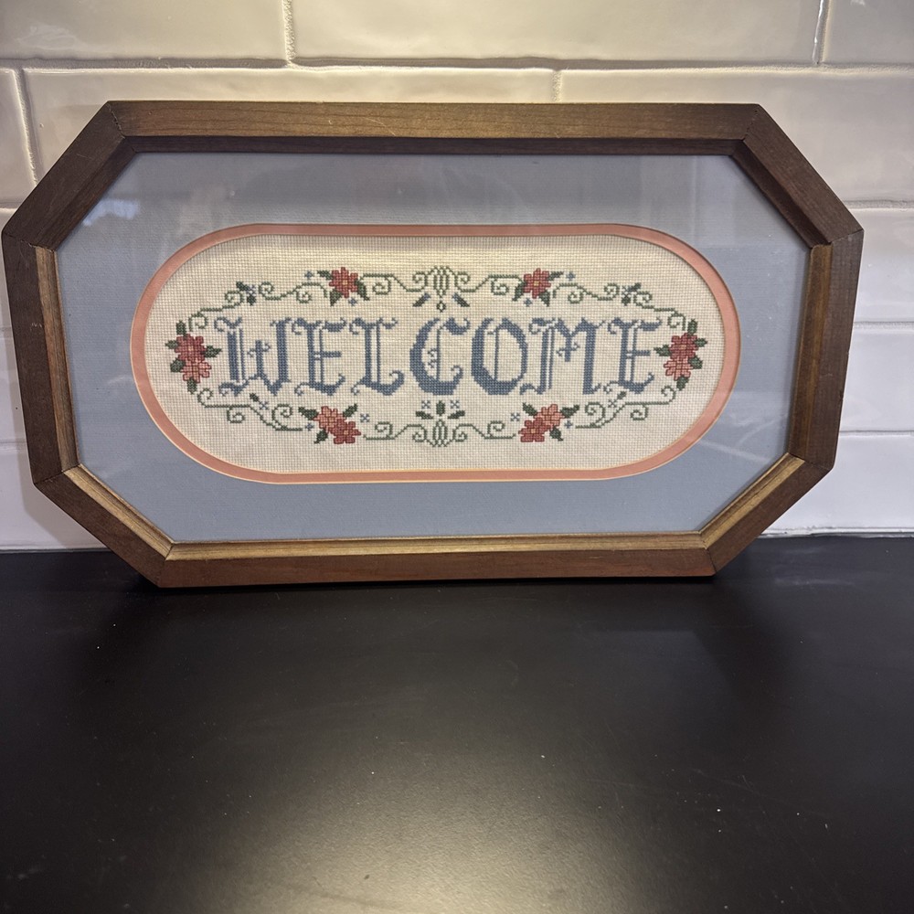 Completed Framed Blue WELCOME Cross Stitch Matted Hearts  1987 Cottage