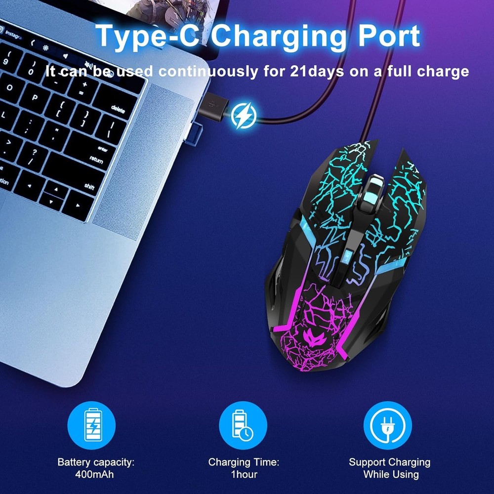 Wireless Gaming Mouse, Rechargeable Computer Mouse with Type-C Black