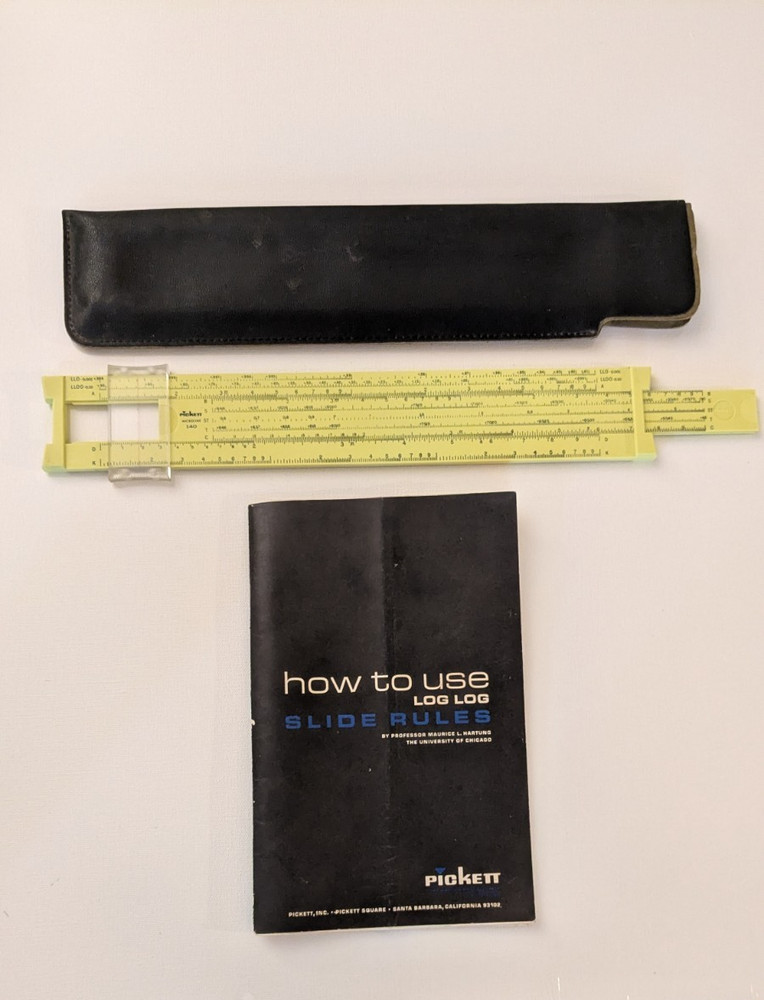 Pickett Microline 120 Yellow Basic Slide Rule Cipher, Case & Instruction Book