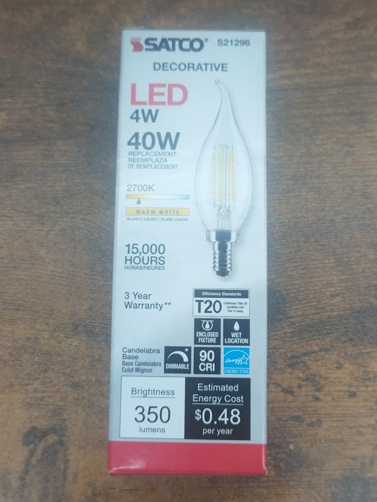 24 pack Satco 40 Watt Equivalent LED Clear Candelabra Bulbs Flame Tip - 2700K