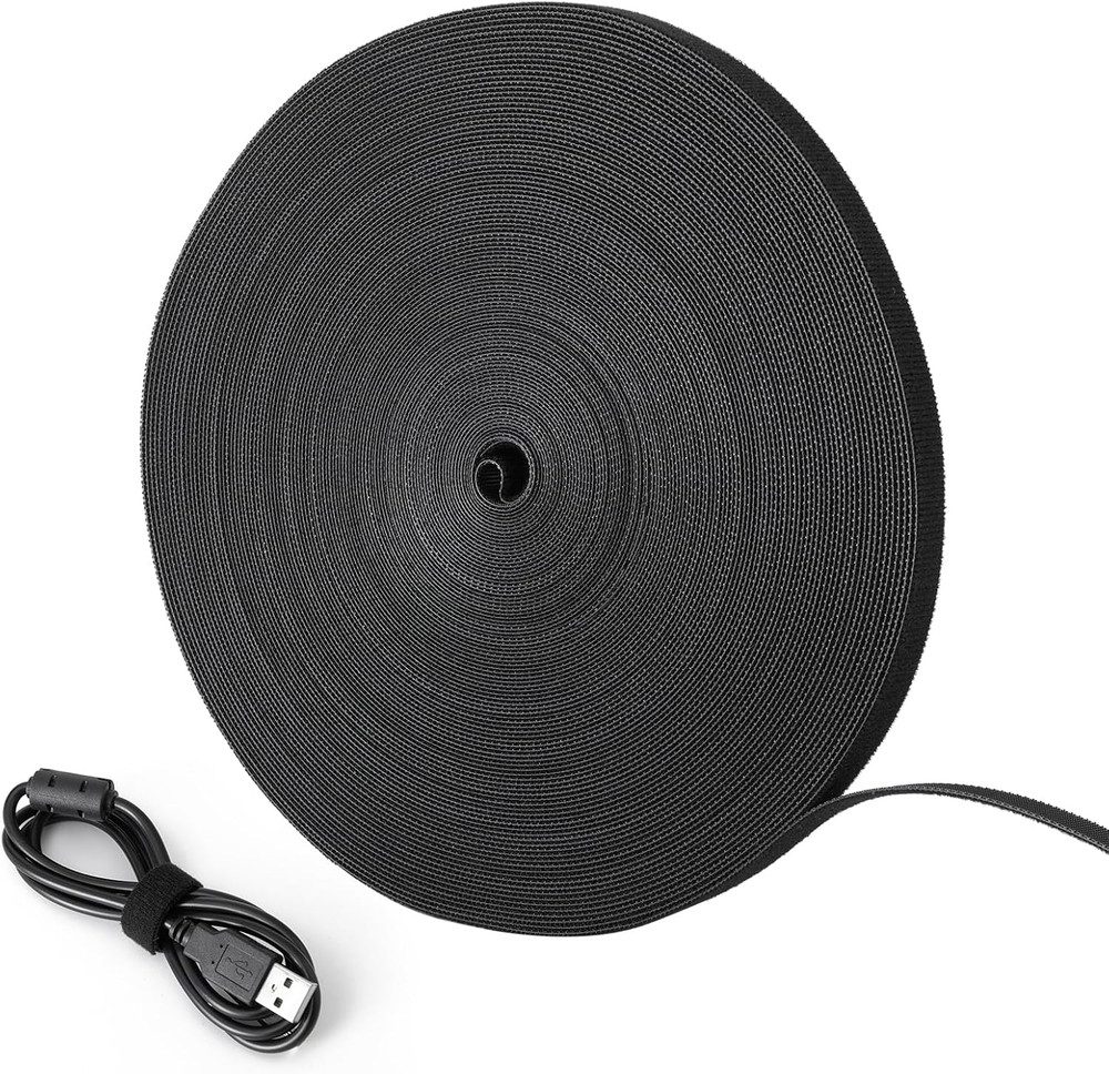 Double Sided Hook Loop Straps 1/2in x100ft Black Roll Reusable Wrap Fasteners