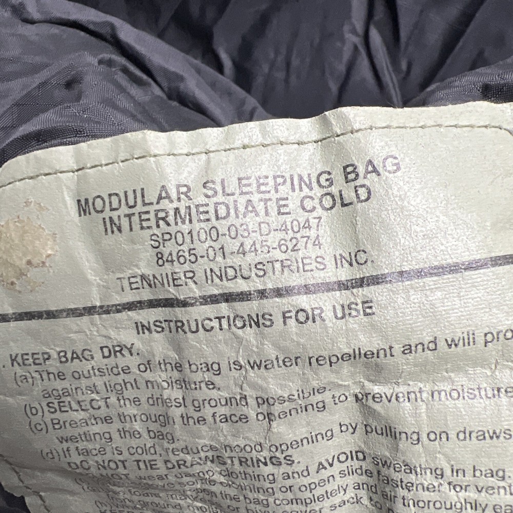 Military Issue Modular Sleeping Bag Intermediate Cold Tennier Industries Black
