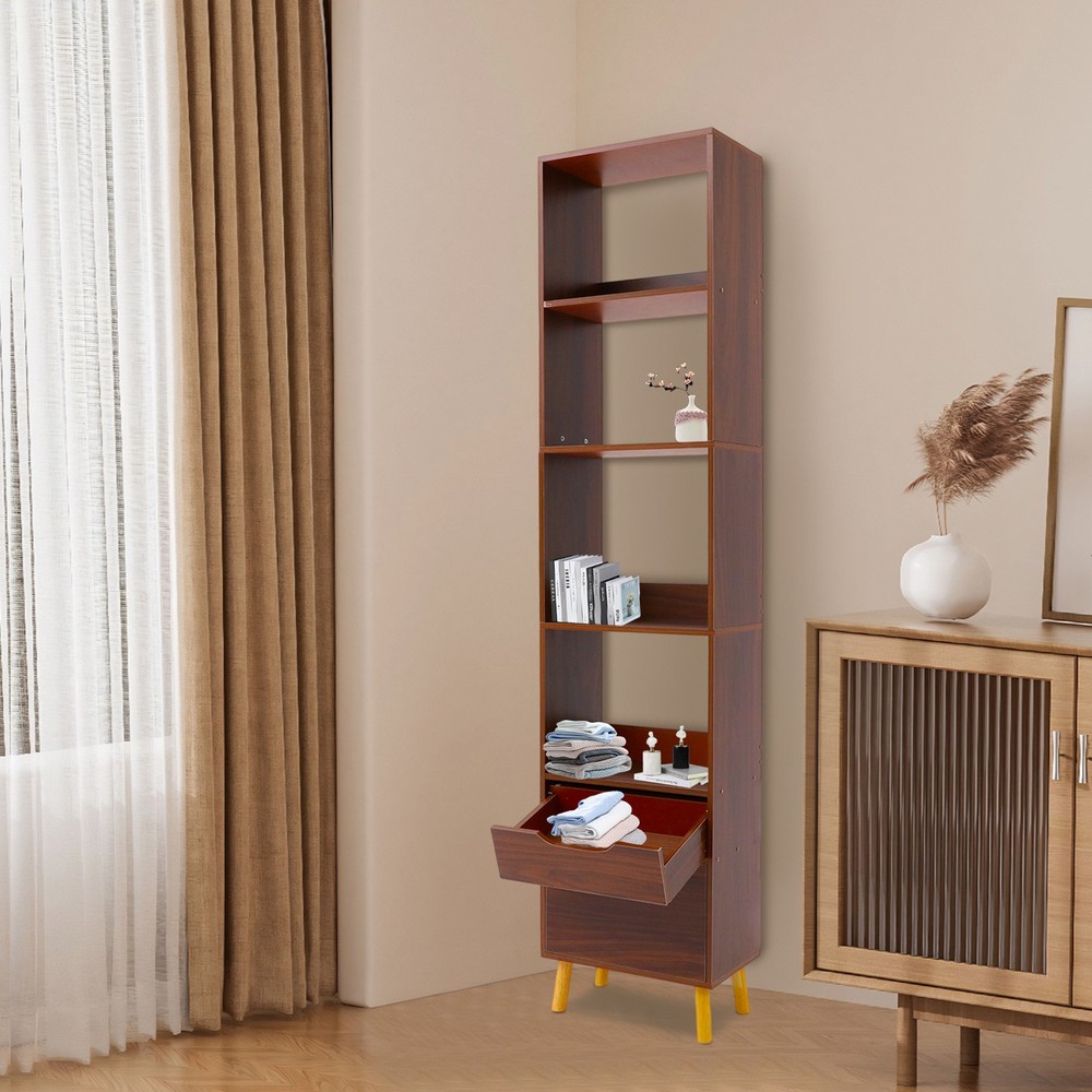 Walnut Standing Storage Shelf Freestanding Storage Rack Tall Open Bookshelf