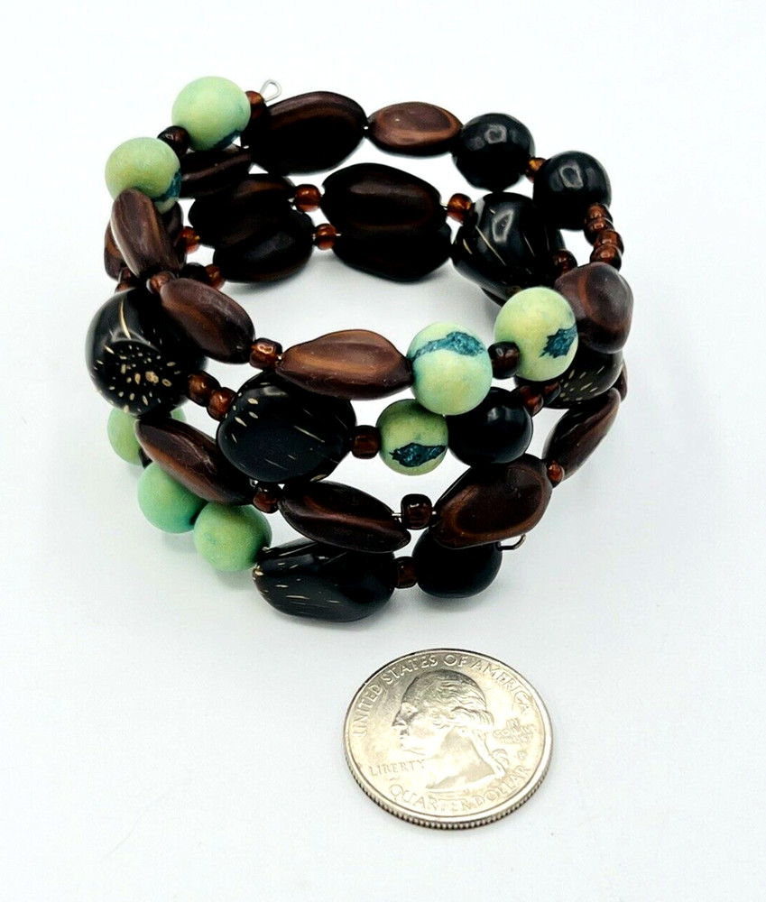 Artisan Nut Beads Memory Wire Wrap BOHO Bracelet