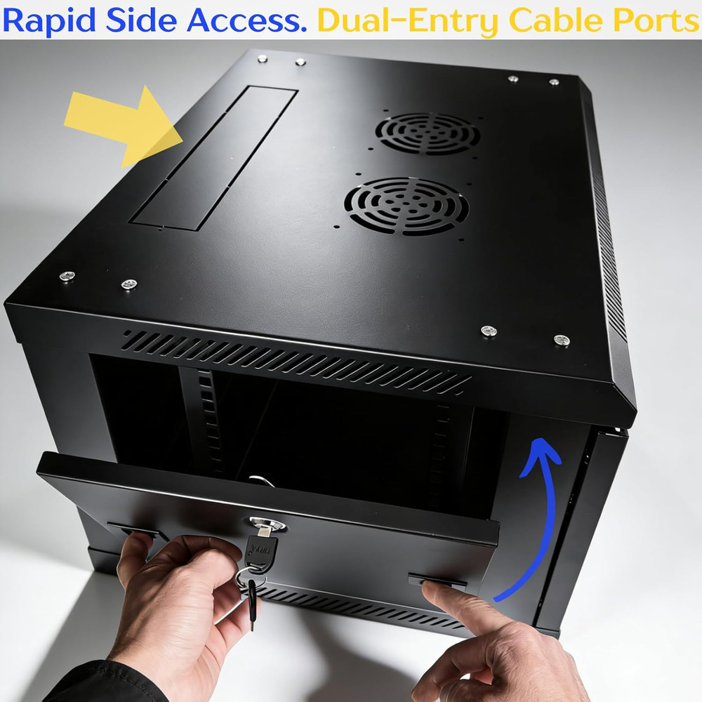 6U Wall Mount Server Cabinet with 360° Cooling & 3 Locking Doors for IT Use