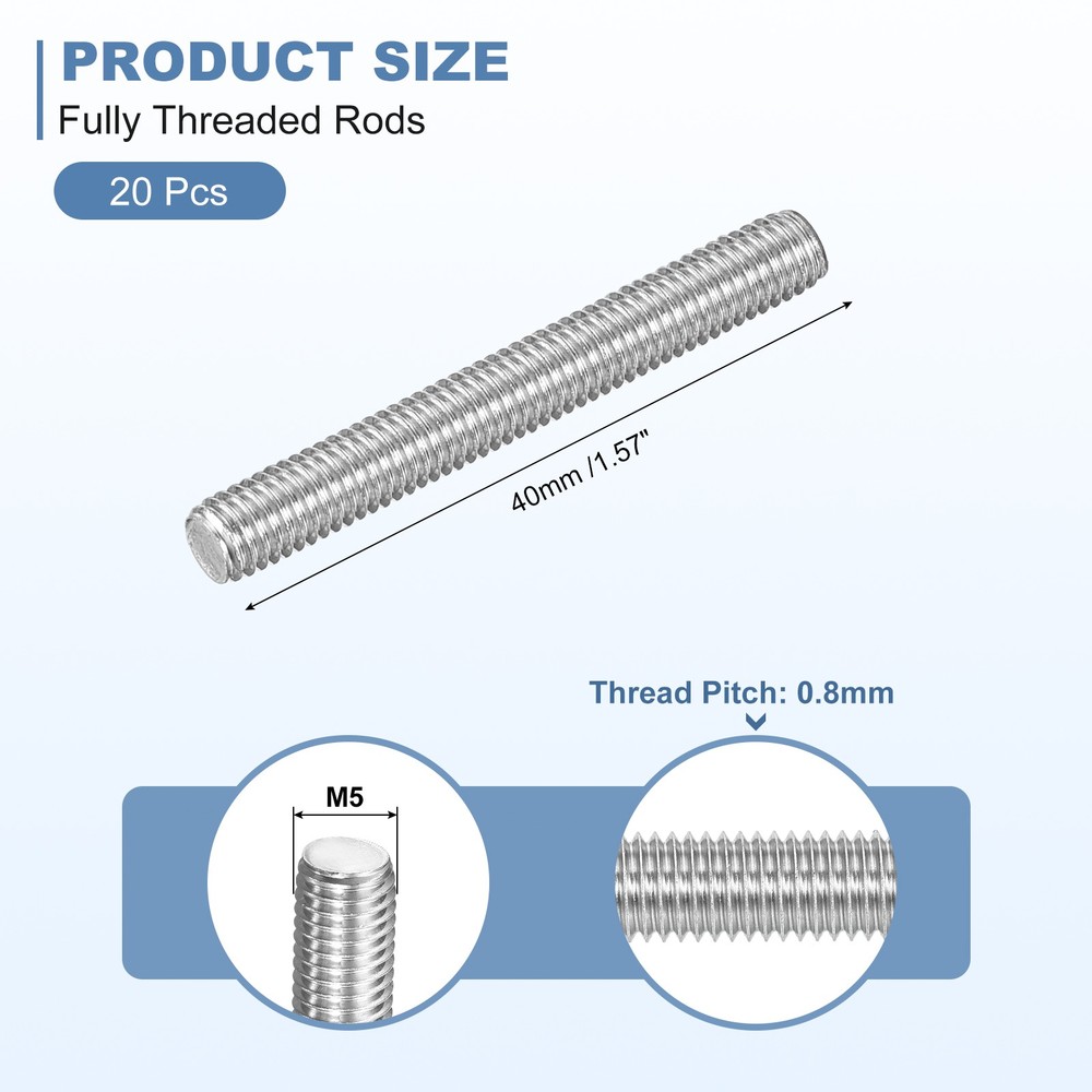 20Pcs M5-0.8x40mm Fully Threaded Rods, 304 Stainless Steel Thread Bar Studs