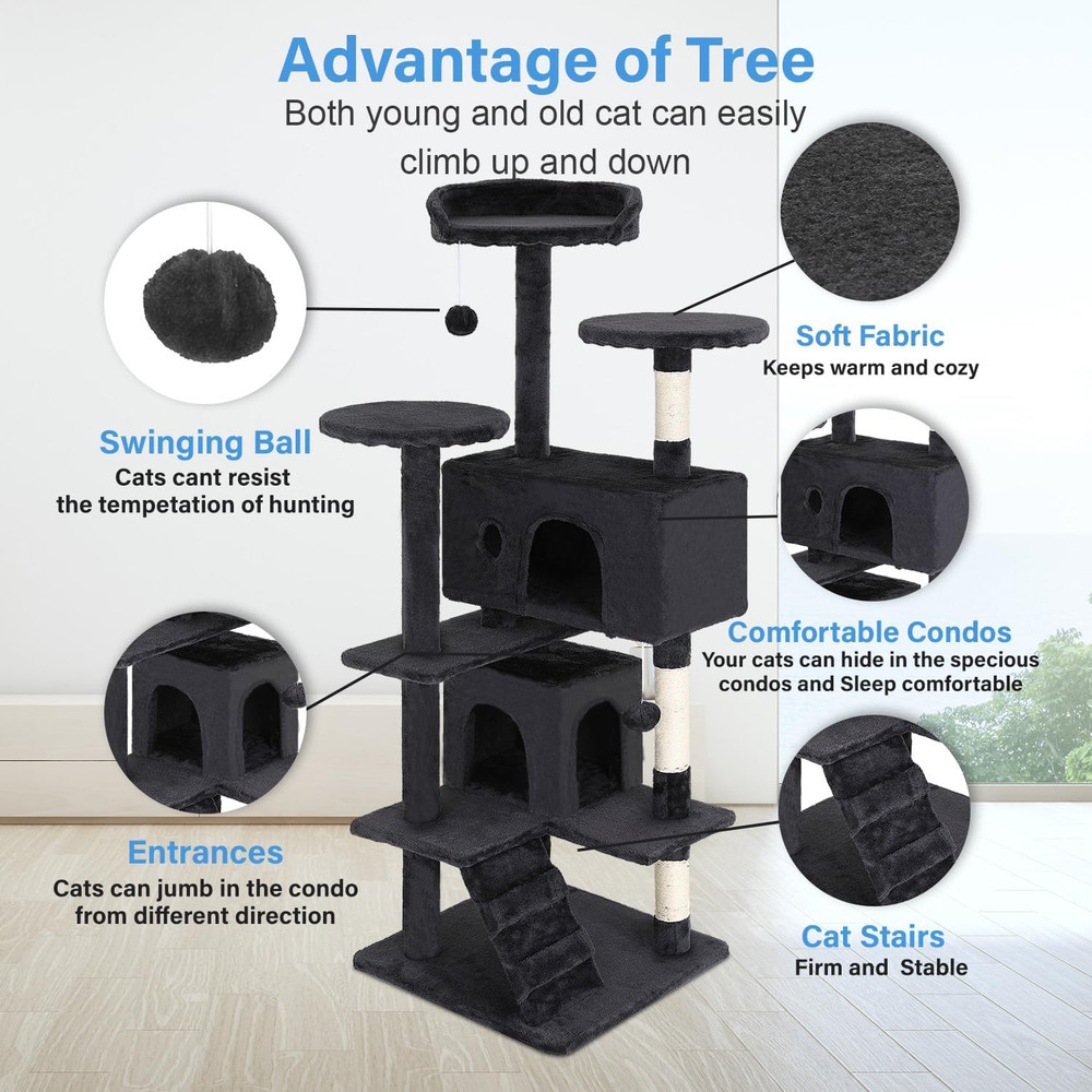 54" Dark Gray Cat Tree Tower with Multi-Level Perches and Scratching Posts