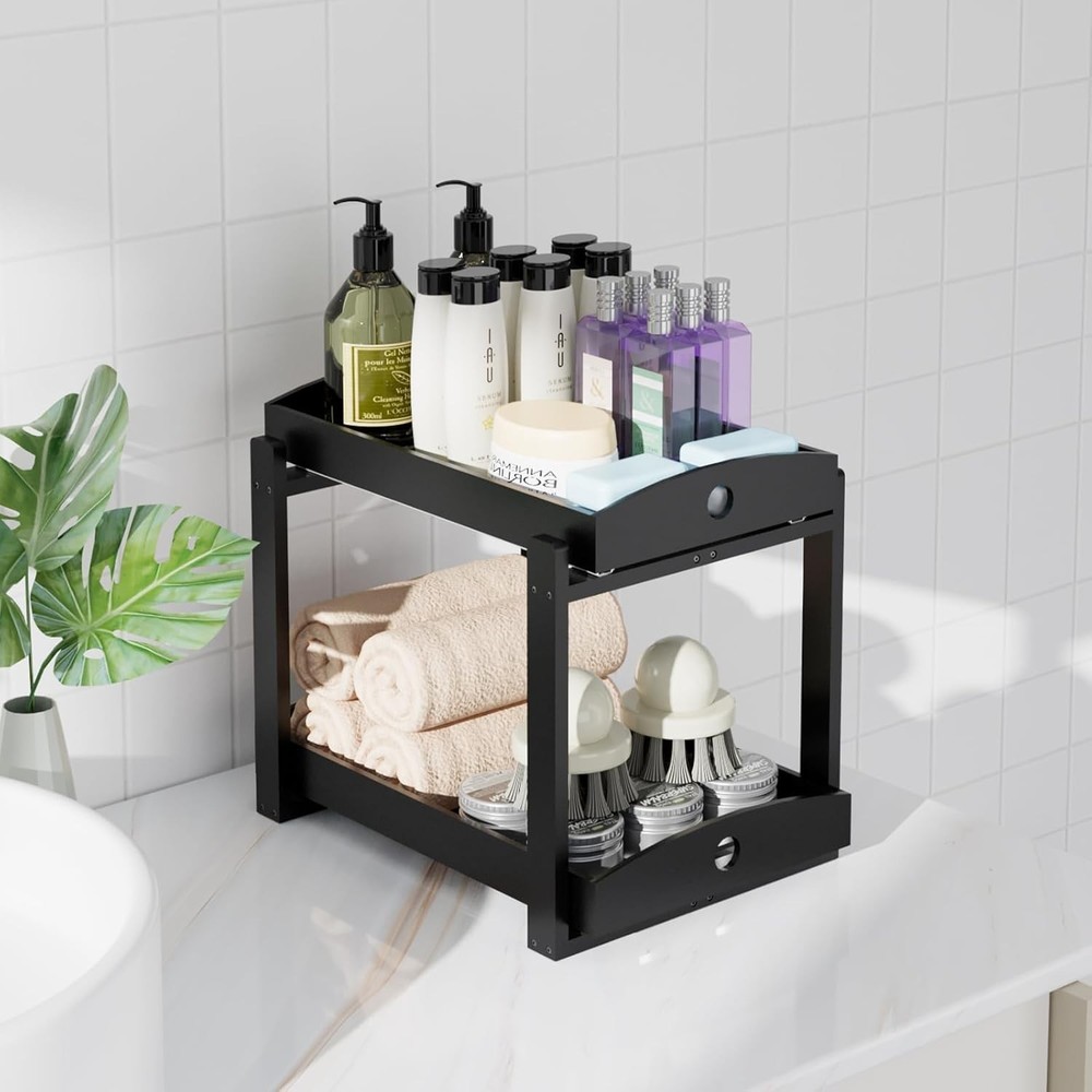 Eco-Friendly Bamboo Under Sink Organizer - 2-Tier Pull-Out with Sliding Drawers