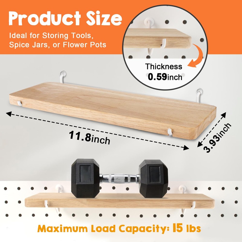 Solid Wood Pegboard Shelf Pegboard Shelves with Pegboard Hooks Pegboard Acces...